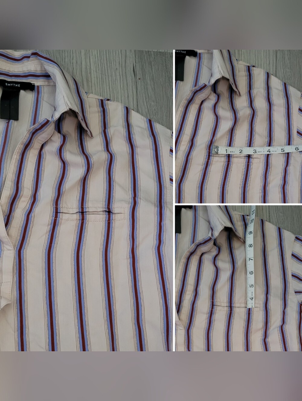 Smythe Over the Head Shirt Ecru Banker Striped Cream & Blue Blouse, Extra Large - Picture 7 of 14